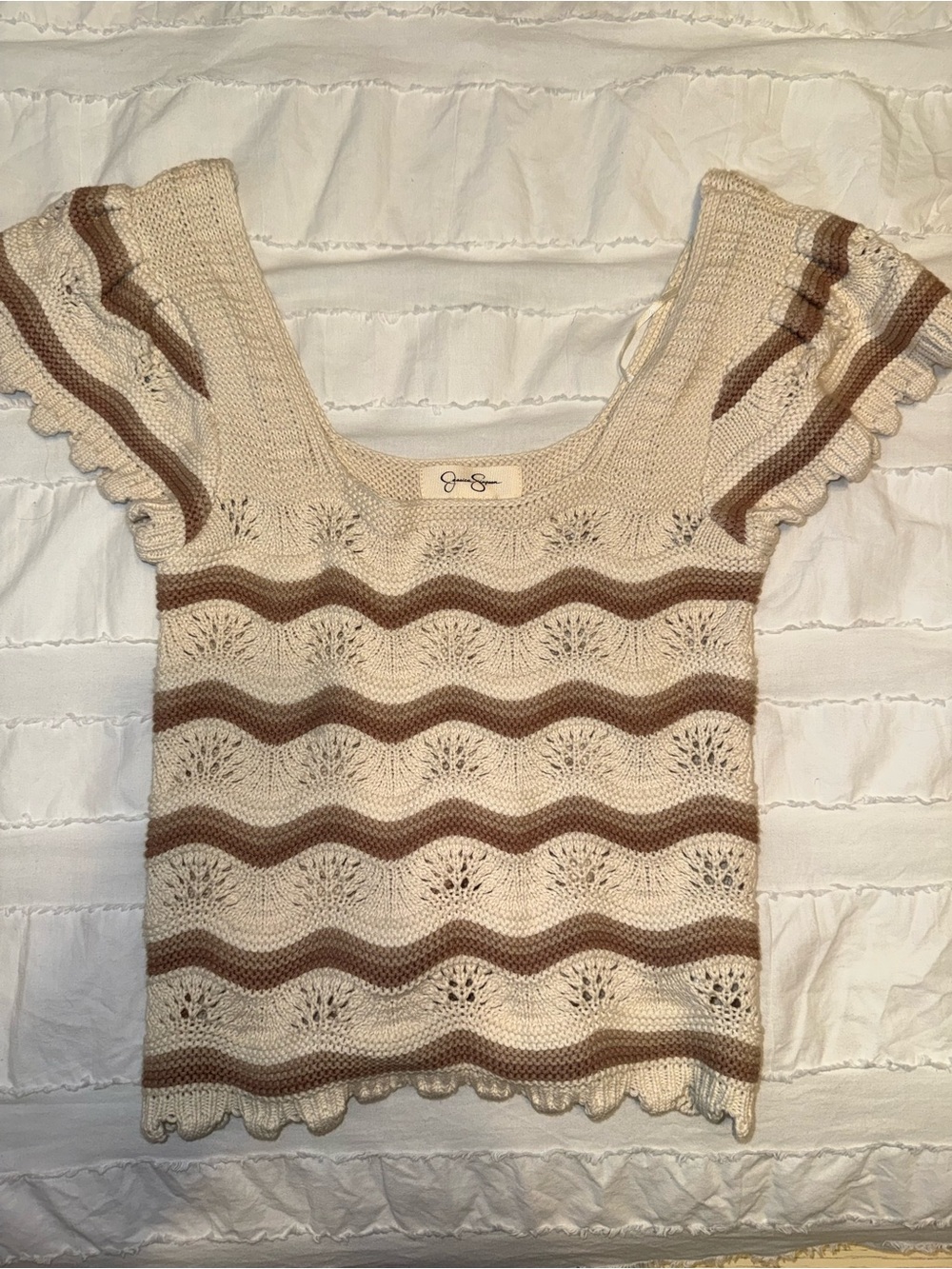 Jessica Simpson Cream and Brown Striped Crochet Square-Neck Top